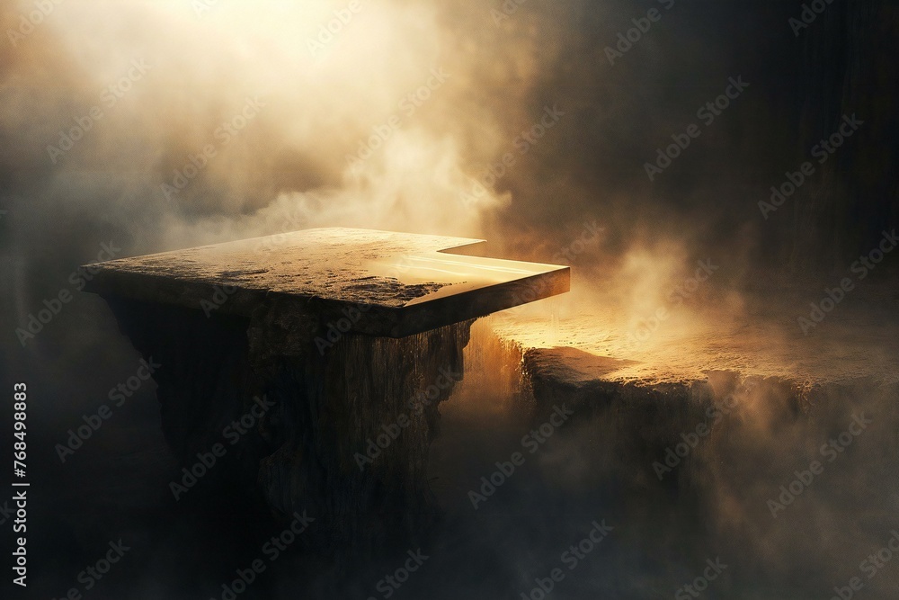 Wooden table in the forest with smoke in the background