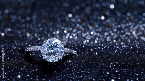 Eternal Sparkle. A dazzling diamond engagement ring rests on a glittering surface, symbolizing love and commitment
