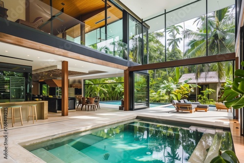 modern tropical home with floortoceiling windows and a pool