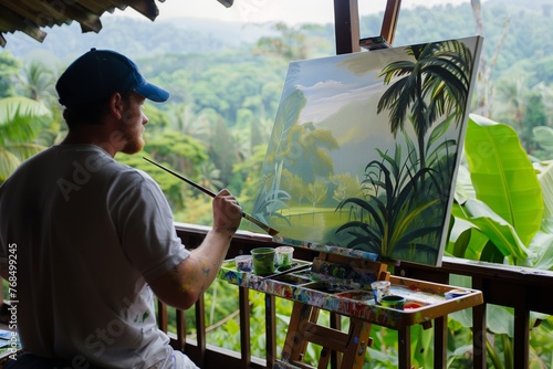 artist painting jungle panorama on veranda with canvas setup