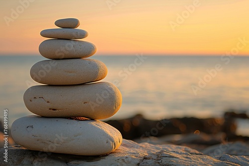 Pyramid of stones on the seashore at sunset, Zen concept