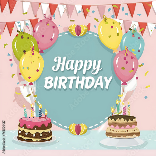 Wallpaper Mural stockphoto, birthday photo frame template with balloons and cake. Beautiful template design for birtday card, birthday invitation. Generative AI Torontodigital.ca