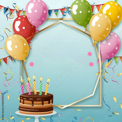 Wallpaper Mural stockphoto, birthday photo frame template with balloons and cake. Beautiful template design for birtday card, birthday invitation. Generative AI Torontodigital.ca