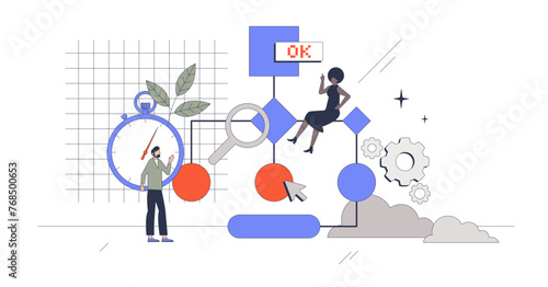 Critical path method as project management tool retro tiny person concept, transparent background. Extended sequence of tasks for business activities illustration. Planning logical path.