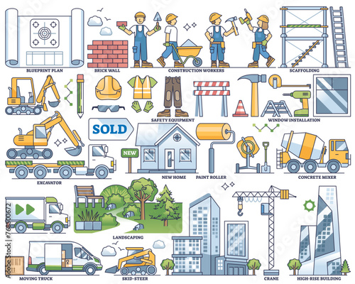 Constructing and residential development with building outline collection set, transparent background.Labeled elements with equipment, workers heavy machinery and blueprints illustration.