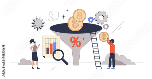 Conversion rate optimization for marketing neubrutalism tiny person concept, transparent background. Effective business promotion campaign with data funnel.