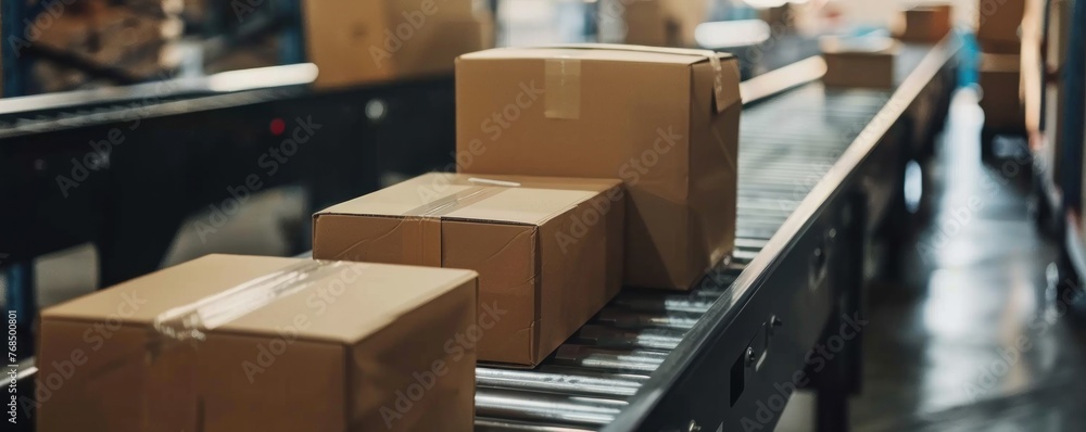 Cardboard box on conveyor belt in in boxes factory. Cardboard box on conveyor belt in in boxes factory.