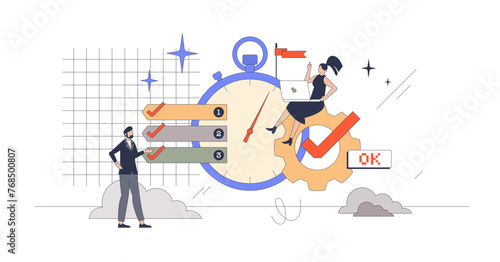 Productivity tools for effective or productive work retro tiny person concept, transparent background. Professional job tasks management and just in time performance before deadline illustration.