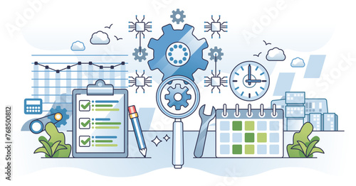 Predictive maintenance for IOT technological efficiency outline concept, transparent background. Planned technical defect checkup for high quality performance illustration.