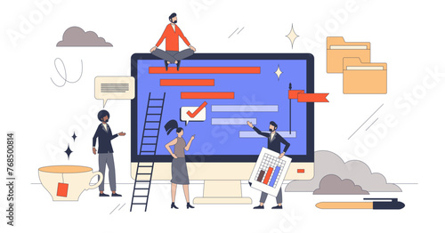Project management software or process organization retro tiny person concept, transparent background. Task control, monitoring and planning tool for efficient and productive work illustration.