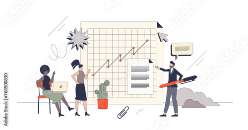Reporting tools and financial business report retro tiny person concept, transparent background. Annual accounting measurements and professional analytics.