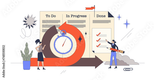 Scrum framework methodology for work organization retro tiny person concept, transparent background. Agile and effective method for project management and continuous improvement illustration.