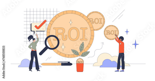 ROI return of financial investment in neubrutalism tiny person concept, transparent background. Grow profit with money invest in business or stock market illustration. Good income performance.