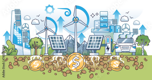Renewable energy investments and sustainable power business outline concept, transparent background. Using solar panel or wind turbine for electricity production and profit illustration.