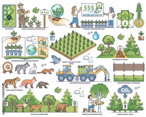 Reforestation growth and ecosystem management in outline collection set, transparent background. Labeled elements with nature and biodiversity protection illustration.