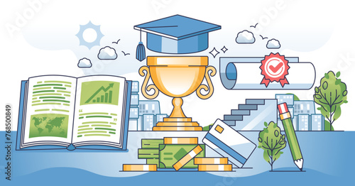 Scholarship credit for students as financial education loan outline concept, transparent background. University, school or college savings to pay for expensive bachelor studies illustration.