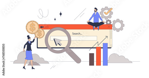 Search engine marketing or SEM strategy in neubrutalism tiny person concept, transparent background. Results optimization and effective keywording illustration. Online internet ranking analysis.