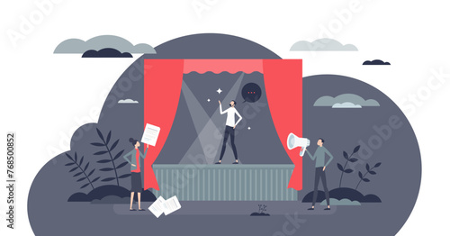Theater rehearsal and dramatic performance on stage tiny person concept, transparent background. Show practice with actors, director and stage designer illustration. Classical entertainment art show. photo