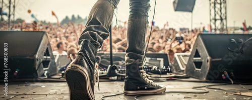 Detail of modern shoes on ground at festival stage
