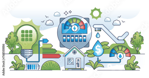Sustainable utility bill savings with renewable energy outline concept, transparent background. Use alternative power source or effective LED lighting to save money illustration.