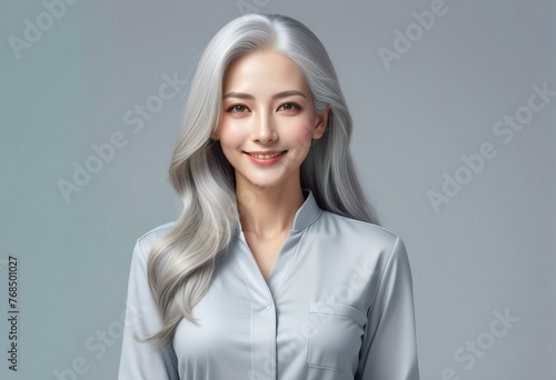 Portrait of a beautiful young woman with long gray hair, Gray background