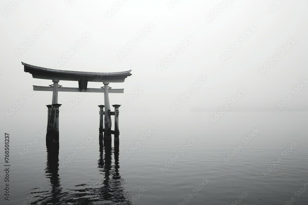 Shrine in the foggy morning, Shinto shrine, Japan