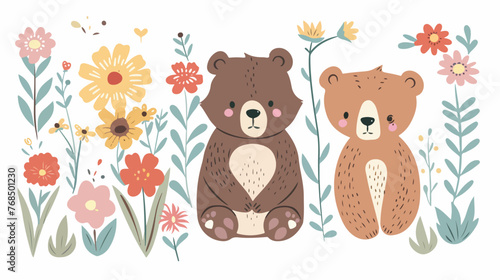 Floral cute bear vector Hand Drawn Animal Vector Kawai