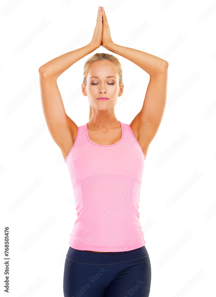 Woman, studio and yoga for exercise, fitness and workout with health and wellness. Instructor, athlete and cardio with spiritual zen, meditation and balance or relaxation isolated on white background Woman, studio and yoga for exercise, fitness and workout with health and wellness. Instructor, athlete and cardio with spiritual zen, meditation and balance or relaxation isolated on white background