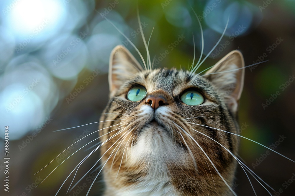 Close up of a cat with green eyes on the nature background