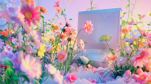 Flowers grew out of a white computer, surrounded by flowers and grass, spring garden, bright colors, with a dreamy atmosphere, blooming colors in bright daylight photo