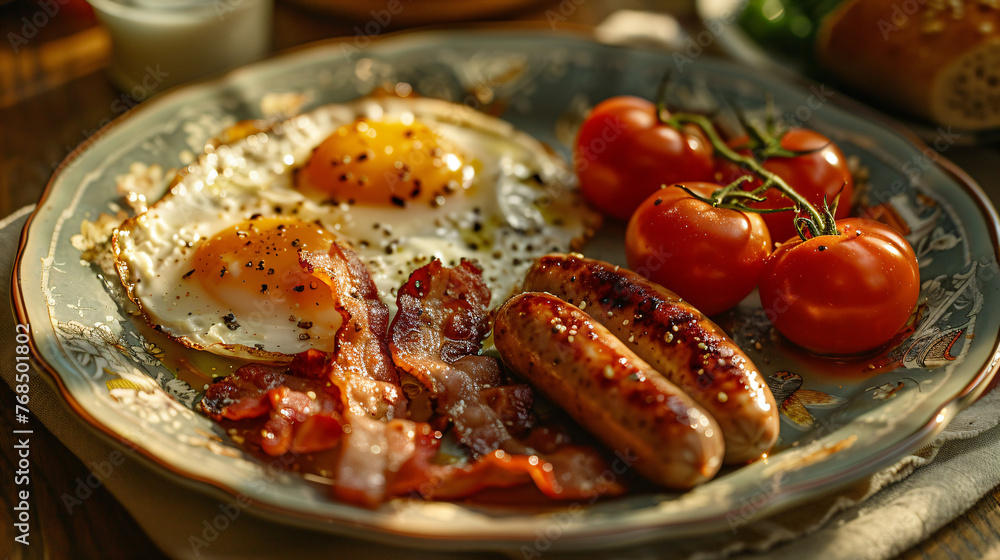 Full English breakfast composition with eggs over easy, pork sausages, smoked bacon, and ripe tomatoes. Food styling concept for breakfast and brunch design. Full English breakfast composition with eggs over easy, pork sausages, smoked bacon, and ripe tomatoes. Food styling concept for breakfast and brunch design.