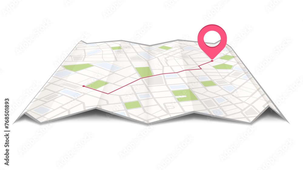 Paper map with red point. Local street gps navigate. City route navigation to marker. Geography distance plan. Vector illustration on white background Paper map with red point. Local street gps navigate. City route navigation to marker. Geography distance plan. Vector illustration on white background