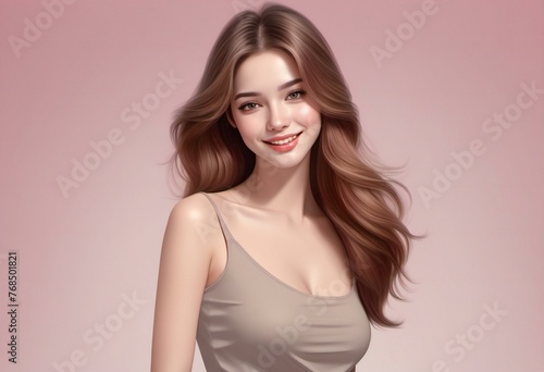 Beautiful young woman with long brown hair, Portrait of a girl on a pink background