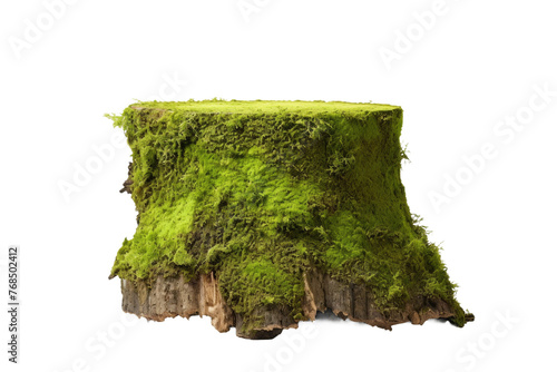 A tree stump covered in vibrant green moss. The contrast highlights the texture and color of the moss, creating a visually striking image. Isolated on a Transparent Background PNG.