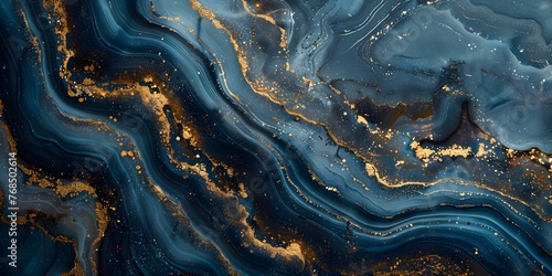 Celestial ribbons of sapphire blue and molten gold entwining in an intricate dance, creating a captivating and cosmic abstract artwork on a backdrop of profound black.