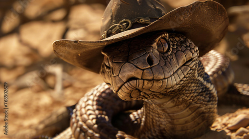 This image features a tightly framed view of a snake's face wearing a cowboy hat, highlighting intricate skin details
