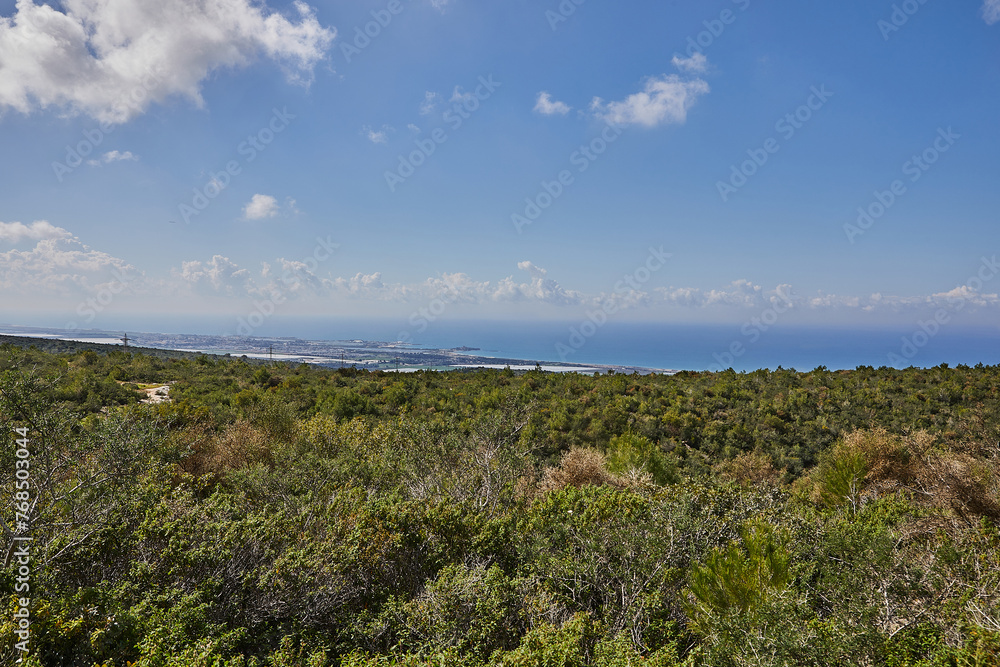 Breathtaking Mediterranean Sea view from hilltop in Israel with blue water and green vegetation