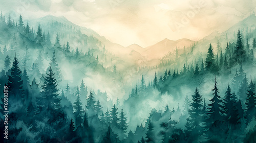 A beautiful foggy forest landscape in watercolors photo