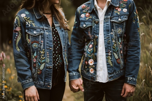 couple wearing matching embroidered denim jackets, holding hands