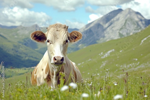 Cow on the alpine meadow with camomiles and mountains in the background