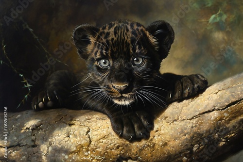 Portrait of a leopard cub on a rock, Studio shot