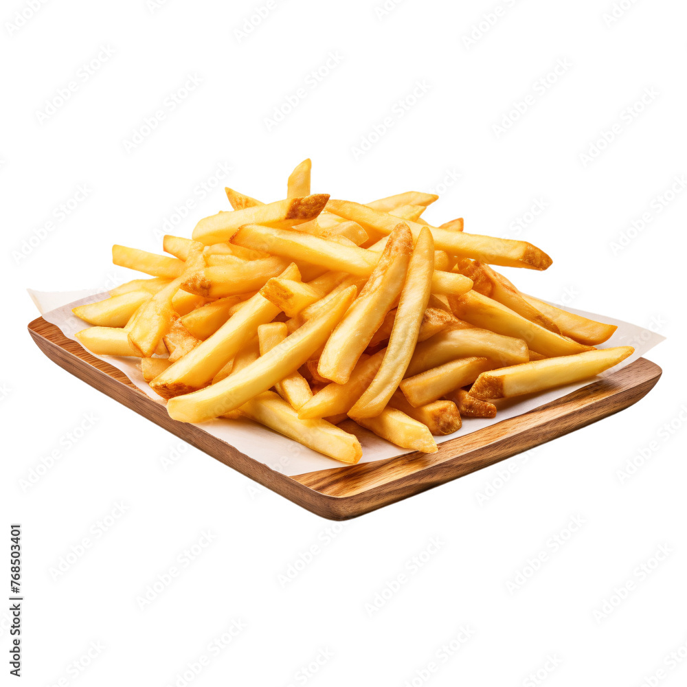 A plate of well-cooked french fries on a square-shaped wooden plate on an isolated background A plate of well-cooked french fries on a square-shaped wooden plate on an isolated background