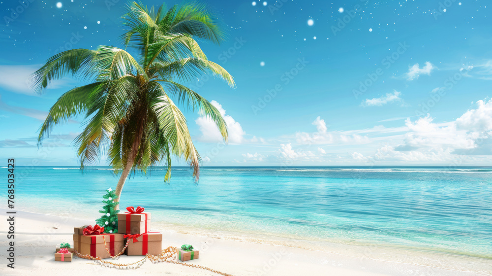 Obraz premium Christmas in southern hemisphere with a palm tree with christmas decorations and gift boxes on tropical beach with white sand and beautiful blue sea view and copy space