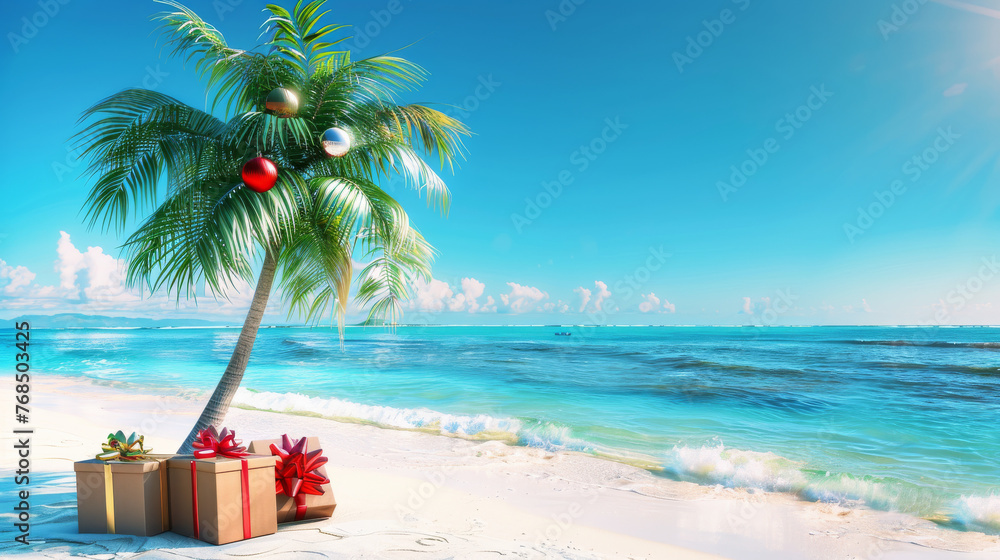 Obraz premium Christmas in southern hemisphere with a palm tree with christmas decorations and gift boxes on tropical beach with white sand and beautiful blue sea view and copy space