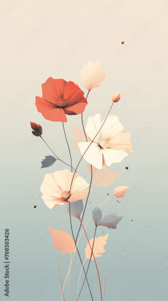 Vertical illustration of minimalist design of fresh wild flowers with pastel colors