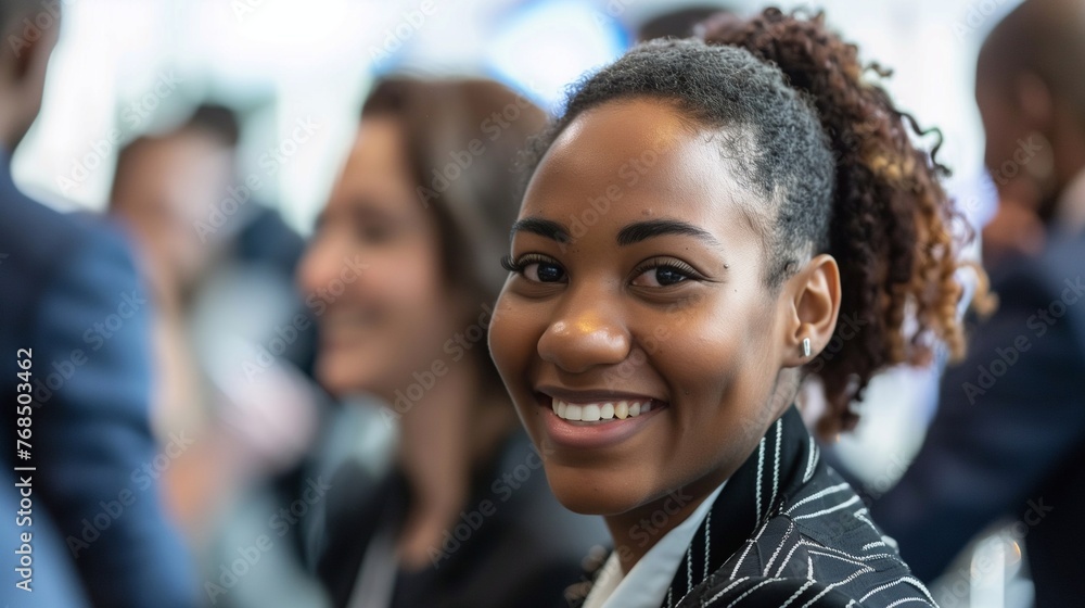 Black businesswoman in the office looks at the camera and smiles. A leader whose eyes are focused on strategy and success Black businesswoman in the office looks at the camera and smiles. A leader whose eyes are focused on strategy and success