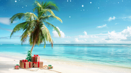 Christmas in southern hemisphere with a palm tree with christmas decorations and gift boxes on tropical beach with white sand and beautiful blue sea view and copy space