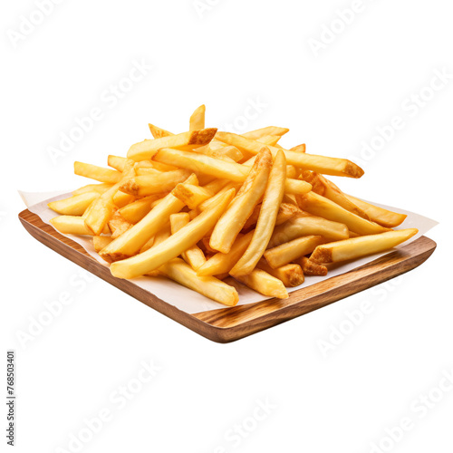 A plate of well-cooked french fries on a square-shaped wooden plate on an isolated background