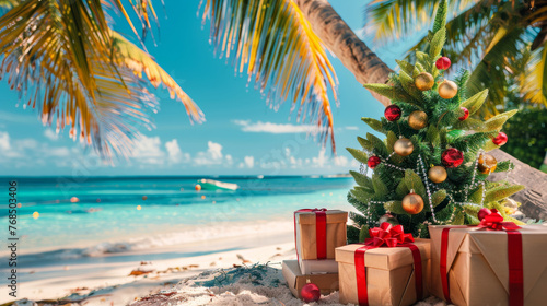 Fototapeta Naklejka Na Ścianę i Meble -  Christmas in southern hemisphere with a palm tree with christmas decorations and gift boxes on tropical beach with white sand and beautiful blue sea view and copy space