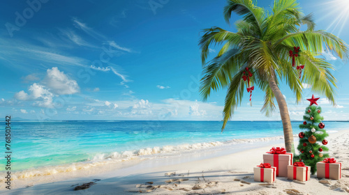 Christmas in southern hemisphere with a palm tree with christmas decorations and gift boxes on tropical beach with white sand and beautiful blue sea view and copy space